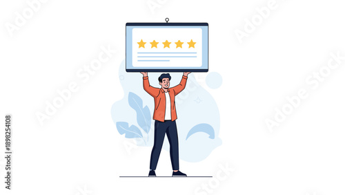 Happy man in an orange shirt holding up a large horizontal board displaying a perfect five star customer service rating.