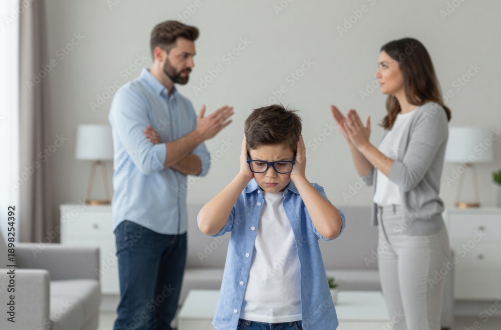 Obraz premium Stressed Boy Covering Ears During Parents Argument, Representing Family Conflict, Divorce Impact, and Childhood Stress