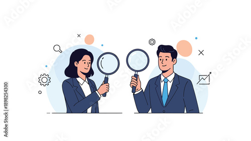 Male and female business professionals in dark suits each holding a large magnifying glass to conduct a detailed investigation.