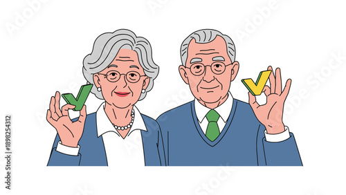 Happy senior couple holding up green and yellow check mark symbols while making an okay sign to show their approval and success.