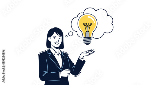 Businesswoman in dark suit holding out her hand towards glowing light bulb in thought bubble representing new creative idea.