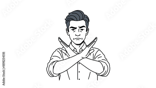 Serious man in white collared shirt making cross sign with his arms showing refusal or prohibition on white background.