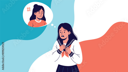 Concerned schoolgirl in sailor uniform feeling anxious with thought bubble of angry woman showing conflict or pressure.
