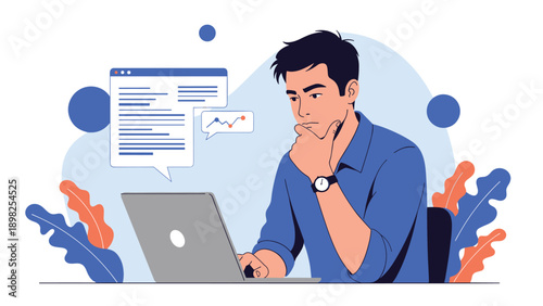 Thoughtful man in blue shirt sitting at desk working on laptop and looking focused with hand on chin in deep concentration.