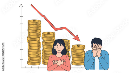Distressed man and woman looking worried in front of falling financial graph and stacks of gold coins representing loss.