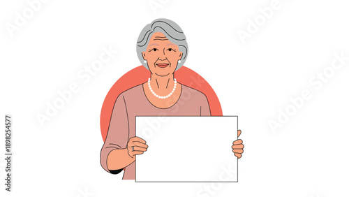 Senior woman with grey hair wearing pink blouse and pearl necklace holding blank white board for message or advertisement.