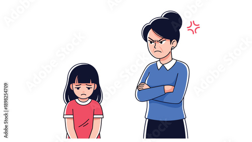 Angry mother with crossed arms looking sternly at her sad daughter in red shirt showing conflict in family relationship.