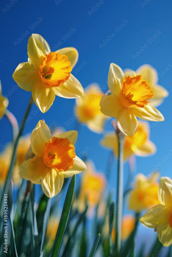 Fototapeta premium Bright spring daffodils blooming under clear blue sky for seasonal design