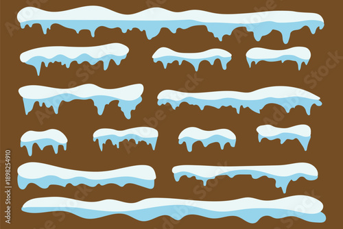 Set of realistic winter snow caps vector elements. Snow caps, snowy ice and frozen icicles, vector cartoon icons, abstract snow frost caps and icicles of house roof shape for Christmas and New Year