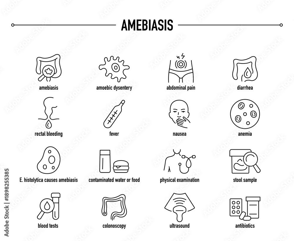 Fototapeta premium Amebiasis symptoms, diagnostic and treatment vector icon set