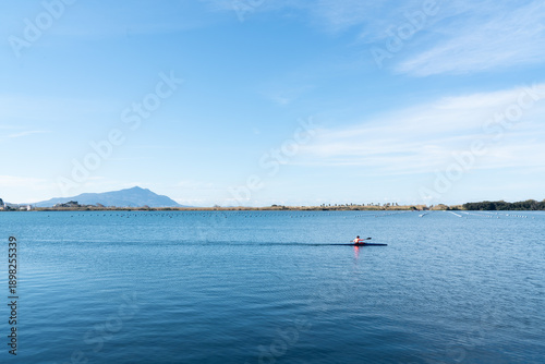 A Kayak crosses Lake Fusaro near Bacoli, Campi Flegrei