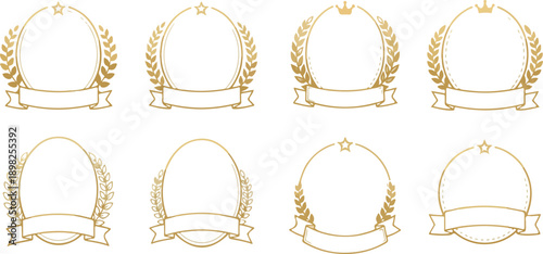 Floral wreath collection. Set of golden laurel wreath element for winner, award, champion. Tree branch wreath
