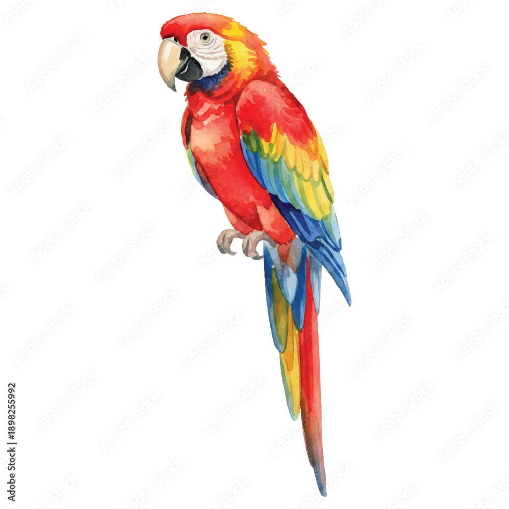 Obraz premium Colorful Watercolor Parrot Vector Illustration Isolated on White Background, Summer Tropical Bird Art 