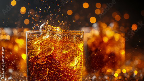 Dynamic close-up of fizzy, dark carbonated beverage with ice cubes, captured mid-splash, showcasing vibrant effervescence and exciting motion against warm, inviting bokeh background, evoking refreshme