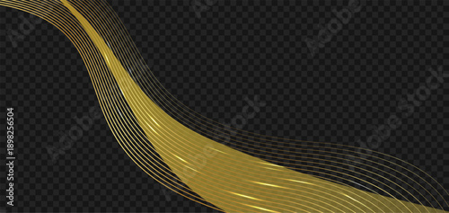 Abstract shiny golden waves forming dynamic flowing lines on a dark background. Luxury decorative element for greeting cards, discount vouchers, and elegant graphic designs