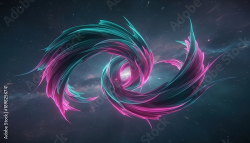 Intertwined cosmic energy swirls in vibrant pink and teal hues against a nebular background