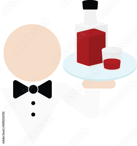 Minimal flat vector illustration of a waiter serving a bottle and glass on a tray. The design features a simplified human figure wearing a tuxedo with a bow tie, representing hospitality
