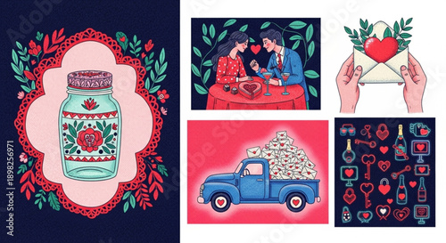 Valentine's Day joy, featuring couples, symbolic gifts, and festive decorations for special occasions