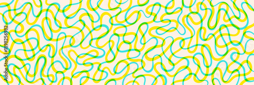 Modern abstract 1:3 spring background. Twisted hand drawn lines fluid curved wiggling stripes waves. Riso effect. Funky maze ornament, groovy hippie pattern banner. Doodle uneven wavy organic line