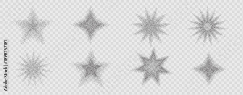 Starburst graphic gradient spray effects. Dotted halftone grainy noise blinks. Stipple sparks and shimmering black elements. Vector dotworks grit shapes illustration isolated on transparent background