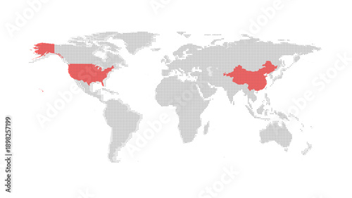 Dotted world map with China and USA vector illustration isolated on a white background.