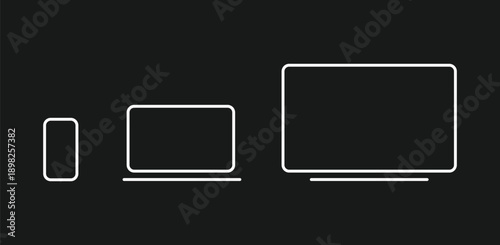 Minimal device outline icons. Smartphone tablet laptop and desktop screens illustration. Responsive design adaptability mock up for modern digital products web applications. Mockup editable stroke
