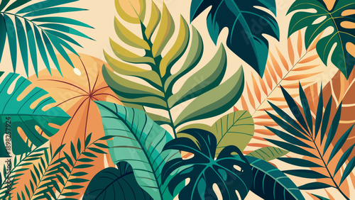Vibrant tropical foliage pattern with rich green hues and intricate leaf details Vector