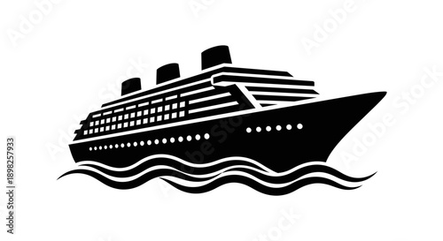 Black Cruise Ship Silhouette on White Background.