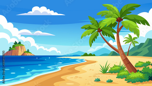 Tranquil beach scene with palm trees under a clear blue sky and calm ocean waves. Vector
