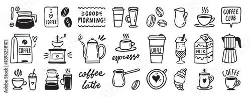 Coffee shop elements set collection doodle hand drawn icon. Outline drawing coffee icons line clipart symbol.