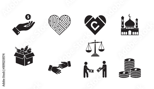 Charity and Donation Icons: Hand with Coin, Heart, Mosque, Scales, Food Box, Handshake, Money Exchange, Coins