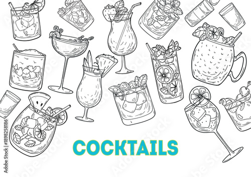 Alcoholic Cocktails Set - Vector Ink Sketch Illustration Collection