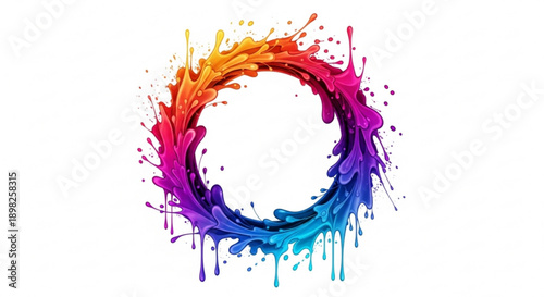 Vibrant rainbow paint splashes form a circular design on white background symbolizing creativity and diversity