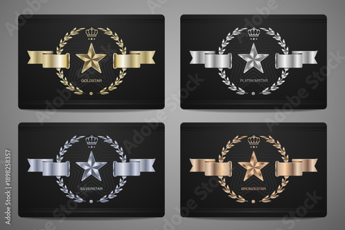 Set of black banners, Gold, platinum,silver and bronze star, Vector illustration.l