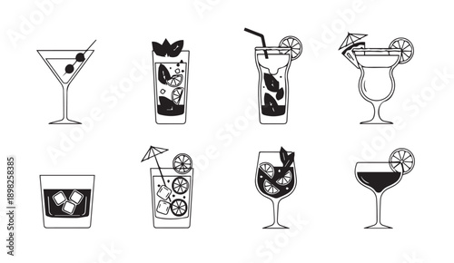 Cocktail Icons Collection - Assorted Refreshing Drinks with Garnishes & Ice