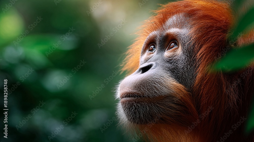 Obraz premium Close-up of a Thoughtful Orangutan Staring into the Distance in a Lush Green Jungle
