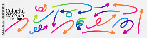 Vector arrow set with gradient colors and hand drawn doodle lines. Abstract curved shapes and modern design icons for creative graphic elements and vibrant illustrations.