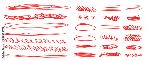 Hand-drawn pen underlines abstract doodles. Text highlight lines, emphasis ovals set. Scribbles, naive expressive scratches, circles, spontaneously dividers, scrawl. Vector brush scratches isolated.