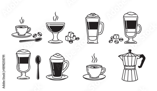 Coffee Drinks and Moka Pot Icons: Espresso, Latte, Cappuccino, Sugar Cubes, Beans