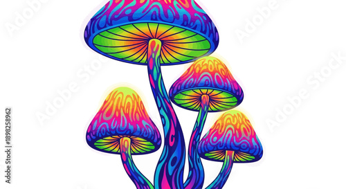 Colorful Mushrooms with Vibrant Caps and Stems.