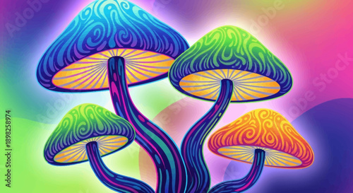 Colorful Mushrooms with Vibrant Caps and Stems.