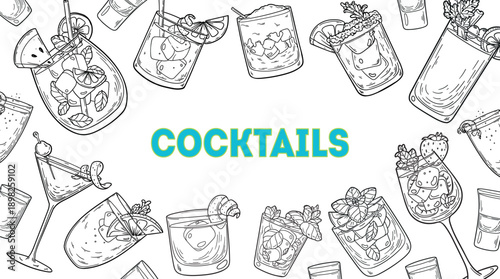Alcoholic Cocktails Vector Set for Bar Menu, Ink Sketch Illustration