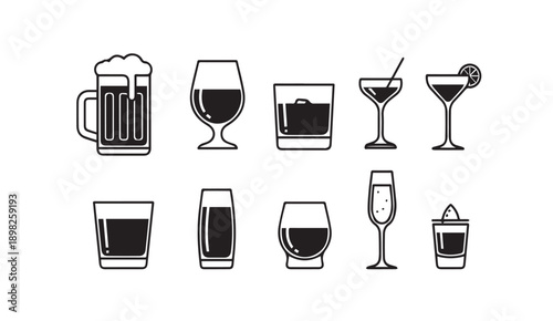 Collection of Alcoholic Beverage Glasses Icons - Vector Flat Design