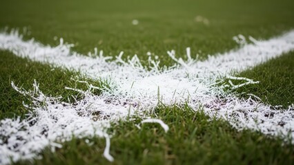 Close-up of a soccer field corner with white boundary lines on lush green grass
