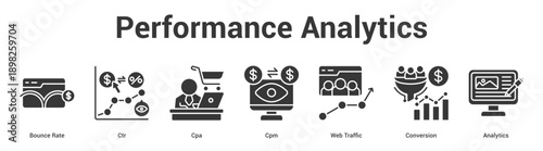 Performance Analytics web banner icon set vector illustration concept for business with icon of Bounce Rate, Ctr, Cpa, Cpm, Web Traff.