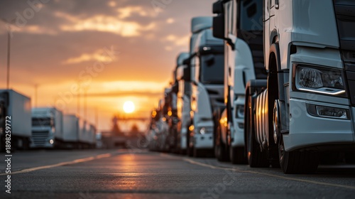 Trucks parked in a line during sunset at a transport yard in the evening