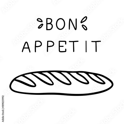 Bon Appetit Hand Drawn Lettering with Baguette in Doodle Style for Bakery and French Food Design