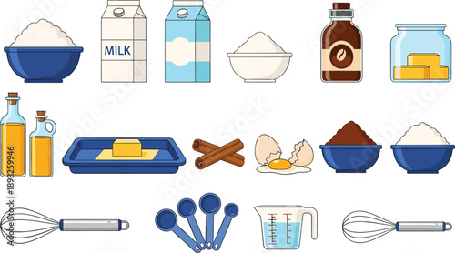 Baking ingredients illustration with milk flour sugar butter eggs oil measuring tools for dessert cooking recipe kitchen vector set