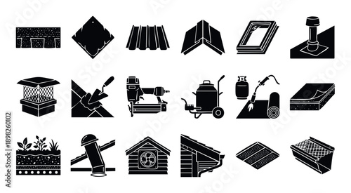 A comprehensive collection of roofing construction and repair icons including various roof tiles, skylights, vents, chimney caps, installation tools, and waterproofing materials, perfect