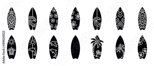 Collection of surfboards with various tropical, beach, and abstract tribal designs, perfect for summer vacation promotions, coastal lifestyle branding, and water sports apparel